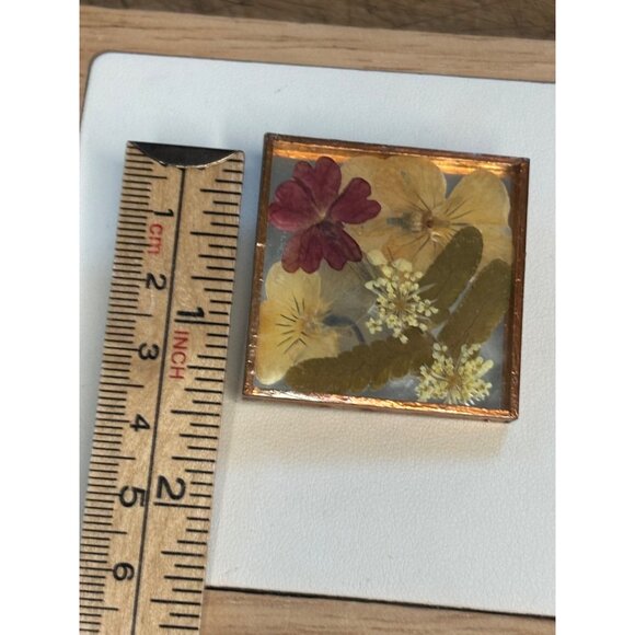 Pressed Flower Brooch Square Copper Frame Signed Tobin - Picture 6 of 9